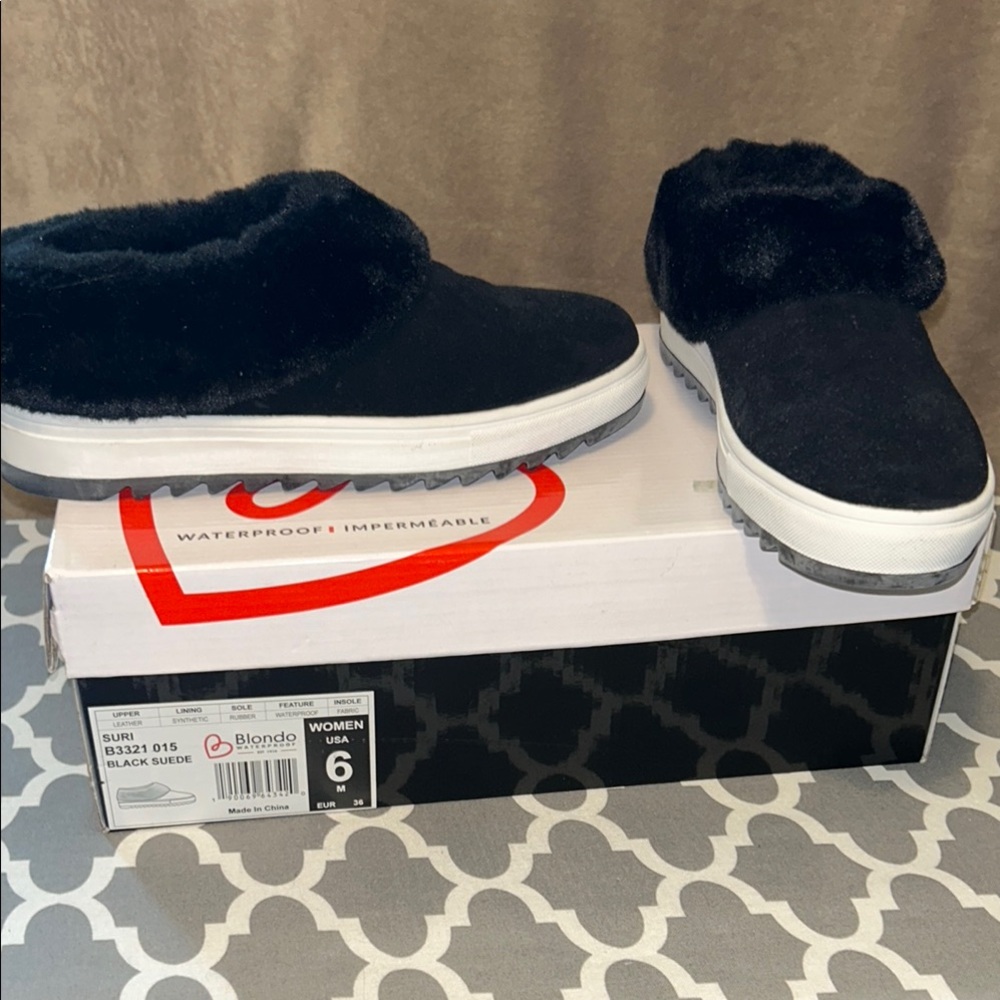Blondo Black Suede Mules with Faux Fur